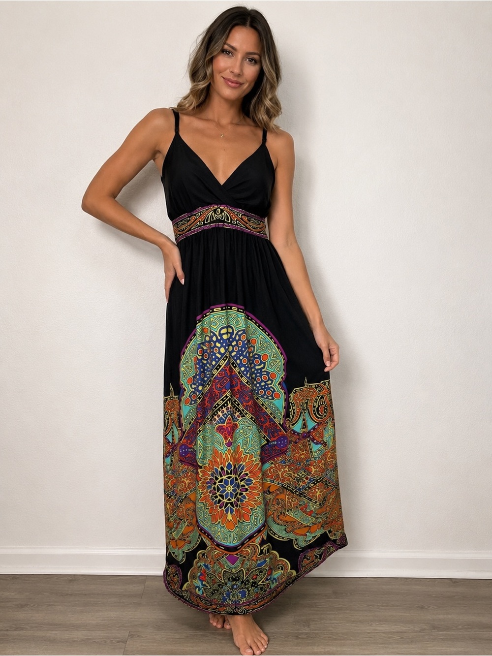 Snap Black Bohemian Maxi Dress with Colorful Ethnic Print. SzL